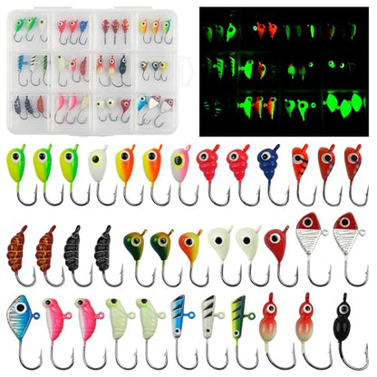 Ice Fishing Jig Kits,Luminous Ice Fishing Lures Micro Jig Head Hooks Fish Gear Tackle Accessories Winter Fishing Jigging for Crappie Pike Panfish Walleye Perch Bluegill - color: Colorful - 36pcs