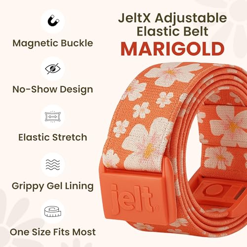 JeltX Adjustable Elastic Belts for Men and Women, Non-Slip Stretch Belt with Magnetic Belt Buckle and Grippy Gel - color: Marigold