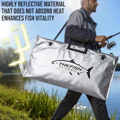 THKFISH Fish Tournament Weigh in Bag for Bass Fishing with Leakproof Zipper | Heavy Duty Live Fish Bags for Caught Fish with Waterproof Zipper and Mesh Liner,Puncture Resistant - color: Silver-32×19.7in