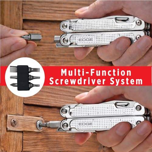 EDGE Multi-Tool Pliers, 14-in-1 Stainless Steel Multitool with Knife, Saw, Scissors, Wire Cutter & Screwdriver Bits, Compact Folding Pocket Tool for Camping, Survival, Fishing & Car Emergency (Silver) - color: Silver