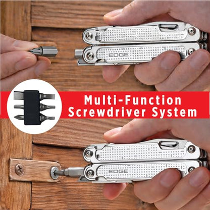 EDGE Multi-Tool Pliers, 14-in-1 Stainless Steel Multitool with Knife, Saw, Scissors, Wire Cutter & Screwdriver Bits, Compact Folding Pocket Tool for Camping, Survival, Fishing & Car Emergency (Silver) - color: Silver