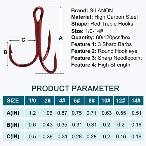 Fishing Red Treble Hooks- 80/120pcs Sharp Round Bend Barbed Treble Hook High-Carbon Steel Triple Hooks for Bass Trout Saltwater Freshwater Size 1/0 1 2 4 6 8 10 12 14 - color: RED, size: 80PCS-2#