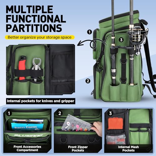PLUSINNO Fishing Backpack with Rod Holders 4 Tackle Boxes, 42L Large Water-Resistant Fish Tackle Bag Store Fishing Gear, Camping, Hiking Gifts for Men Father, Green - color: Green With 4 Tackle Boxes