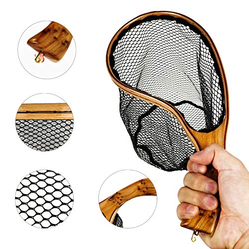 Aventik Fly Fishing Landing Net for Trout Soft Rubber Ghost Mesh Catch and Release Wooden Frame Lightweight and Tangle-Free - style: Tenkara Net