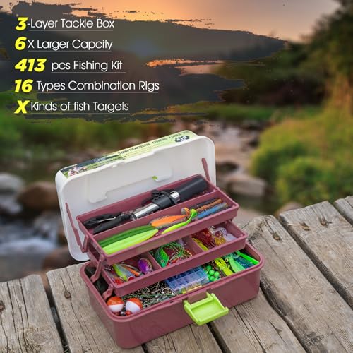 THKFISH Fishing Lures Kit, Bass Fishing Gear Kit for Freshwater Tackle Box with Tackle Included Topwater Baits, Swimbaits, Frog, Fsihing Bait Accessories Gift for Men - color: 413pcs Tackle Box Kit