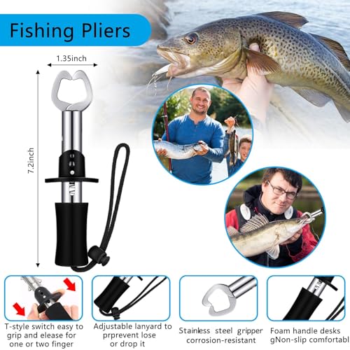 Hungdao 7 Pcs Fishing Backpack with Fishing Tool Kit Fish Gear Pliers Equipment Include Hook Remover Backpack Pliers Kit Scale Gripper Weigh Separator Fish Gifts for Men Women - color: Black