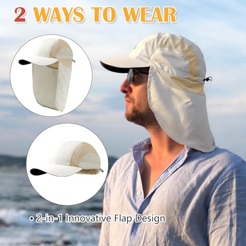Mens Sun Hat with Breathable Mesh Sun Hats for Men Sun Protection Fishing Hat with Neck Flap for Hiking Cycling - color: Beige