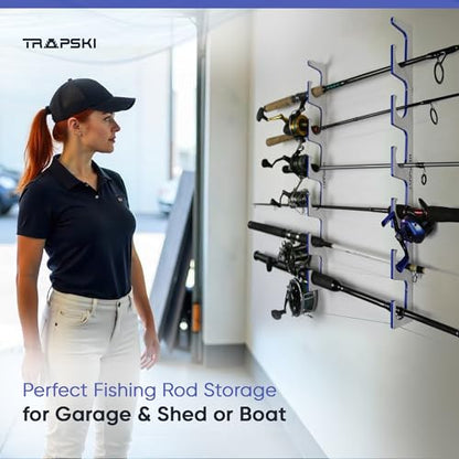 TRAPSKI Made in the USA Premium Fishing Rod/Pole Holder Rack Organizer | Wall or Boat Mounting Fishing Rod Rack | Marine Grade HDPE Plastic | Pole Holder for up to 3 Rods | Stackable - color: H3 White/Blue