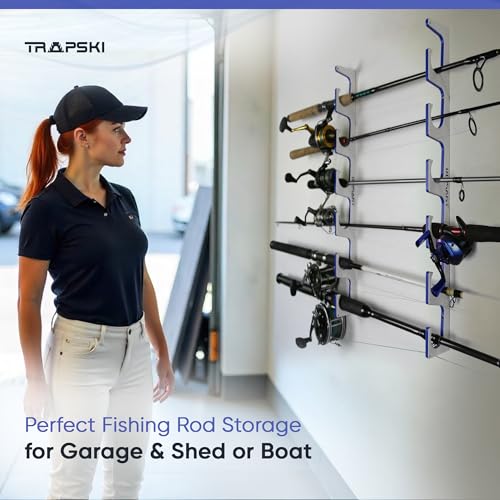 TRAPSKI Made in the USA Premium Fishing Rod/Pole Holder Rack Organizer | Wall or Boat Mounting Fishing Rod Rack | Marine Grade HDPE Plastic | Holder for up to 4 Rods | Stackable - color: H4 White/Blue
