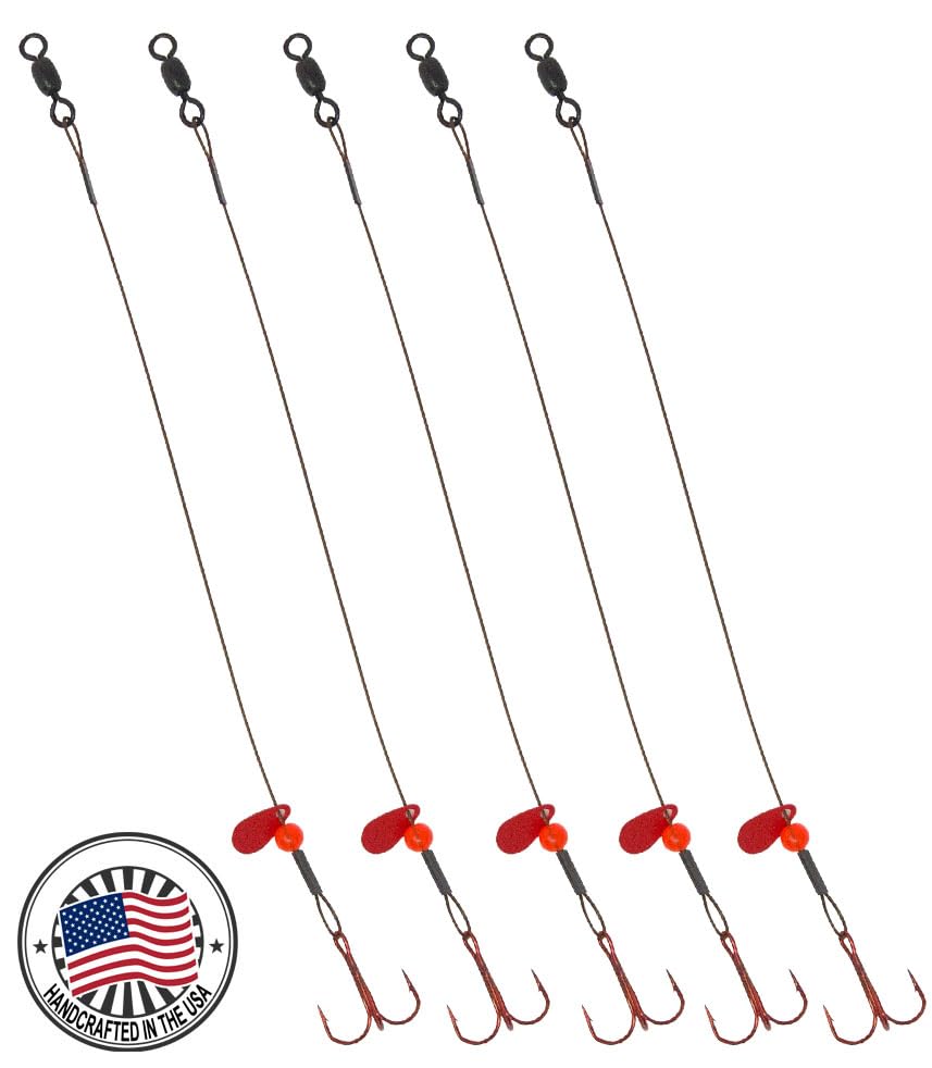 Tooth Shield Tackle Ice Fishing Tip Up Leader Rig (90 lb) Ice Fishing Sucker Walleye Pike Musky Predator Rig (5 Pack) (Camo/Red Bead/Flipper) Made in the USA - size: Hook Size: 4