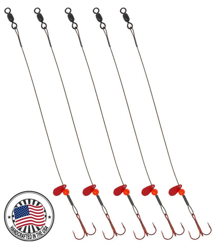 Tooth Shield Tackle Ice Fishing Tip Up Leader Rig (90 lb) Ice Fishing Sucker Walleye Pike Musky Predator Rig (5 Pack) (Camo/Red Bead/Flipper) Made in the USA - size: Hook Size: 1