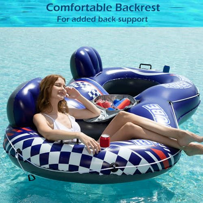 Jasonwell Inflatable River Tube Float - 2 Person Heavy Duty River Float Pool Floats with Removable Cooler Lake Water Tubes for Floating River Raft Lounge Floatie with 2 Cup Holders for Adults (D-Blue) - style: DoubleTube-Blue