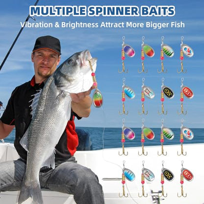 Fishing Lures Spinner Baits, Hard Metal Spinner Baits for Bass Trout Salmon, Spinnerbait Spoons Kit with Triple Fishing Hooks, Fishing Gears for Freshwater Gift for Men