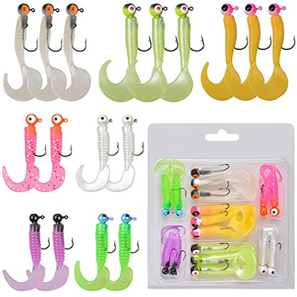 Grub Fishing Lures Jig Heads Hooks Kit, Crappie Lures Tube Baits Soft Worms Grub Tail Crappie Jigs for Bass Trout Bluegill Panfish Fishing 17-140pcs - color: 17pcs/kit