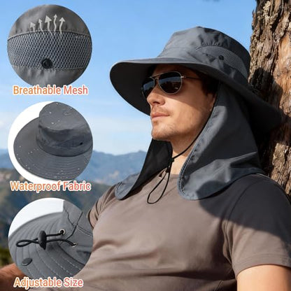 NPQQUAN Sun Hats for Men Women with Neck Flap UPF 50+ UV Protection Wide Brim Bucket Hat Safari Hiking Fishing Hats - color: Lightgrey（neck Flap）