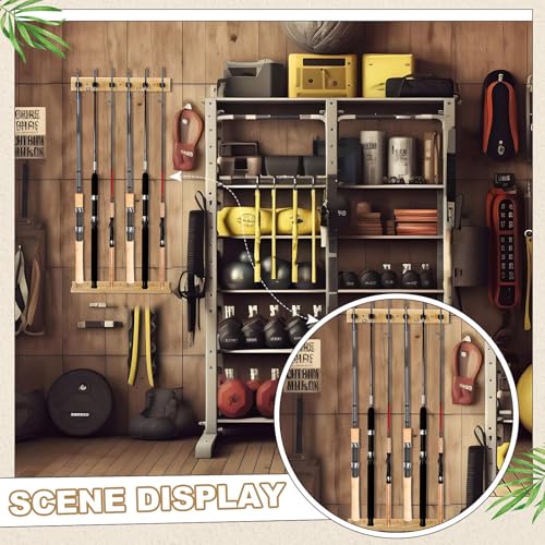 Arrowbash Wall Mounted Fishing Rod Holder Wooden Vertical Fishing Rod Rack Fishing Pole Holders for Garage Holds up to 6 Rods Fishing Gear Storage Organizer Grandpa(Bamboo Wood Color)