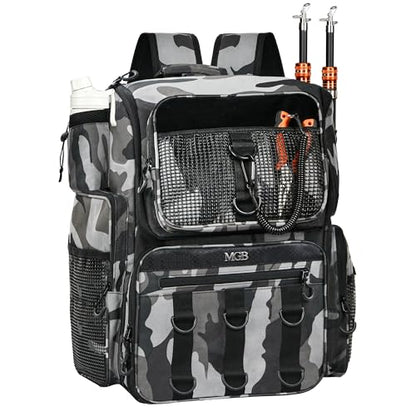 MGB 46L Water-resistant Fishing Tackle Backpack with Rod Holders, Fishing Gifts - color: Grey+black Camo（without Tackle Box）