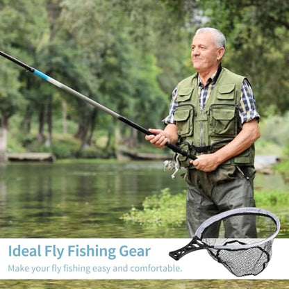 Folding Fly Fishing Net, Lightweight Rubber-Coated Mesh Landing Trout Net with Tackle Bag, Non-Slip Handle, Fly Fishing Gear for Beginners
