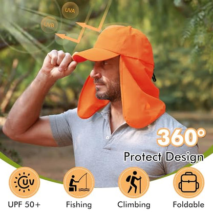 Tirrinia Wide Brim Sun Hat with Neck Flap for Men & Women, Breathable Hiking Fishing Safari Hat, Outdoor UV Protection Cap - color: Orange