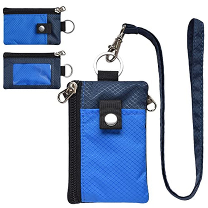CHENSPRX Minimalist RFID Blocking Small Wallet with ID Window,WaterResistant Zip Id Case Wallet with Lanyard Keychain for Cards,Cash,Travel,Women,Men - color: Blue+Navy