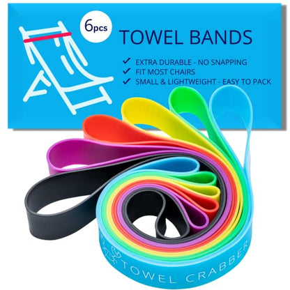 Towel Crabber Silicone Towel Bands for Beach Chairs (6 Pack) – Beach, Pool & Cruise Essentials, No Snap, Non-Bulky, Fits Most Pool & Lounge Chairs, A Smart Alternative to Towel Clips - color: Red, Blue, Black, Green, Yellow, Purple