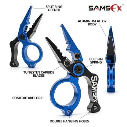 SAMSFX Mini Fishing Pliers with Fly Fishing Zinger Retractor, Fish Hook Remover Tool, Split Ring Pliers for Saltwater & Freshwater, Tungsten Carbide Cutters, Fishing Gear Gift for Anglers - color: Blue