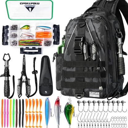 Ghosthorn Fishing Backpack with Tackle Boxes Fish Lip Gripper Pliers Lures Waterproof Tackle Bag with Rod Holder Fishing Gear - color: Black Camouflage Set, size: Standard