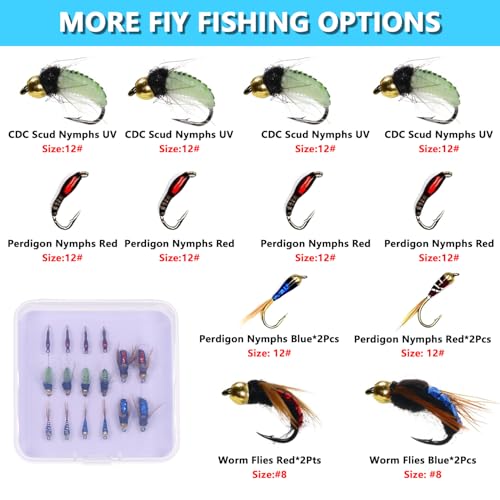 Fly Fishing Flies Assortment Kit, 16 Pcs Hand-Tied Dry Wet Fly Fishing Lures, Nymphs, Streamers, Terrestrials for Trout Bass Sunfish, Pike with Fly Box