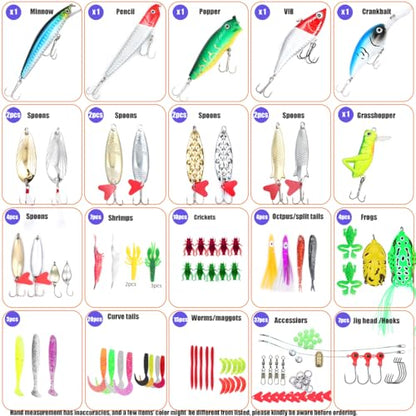 EXAURAFELIS Fishing Lures Tackle Kit, Mixed Hard & Soft Baits Metal Spoons Fishing Accessories for Bass Trout Pike Freshwater Saltwater Fishing - color: 128 pcs