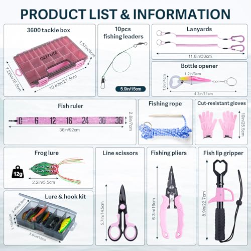 GOTURE Pink Fishing Tackle Box Set, Fishing Kit，12-in-1 Tackle Box Set with Stainless Steel Tools，Lures, Fishing Gift for Women & Beginners (Gift Ready) - color: Gift Boxed, size: Pink Tools Set + Lure Kit + CR-Gloves