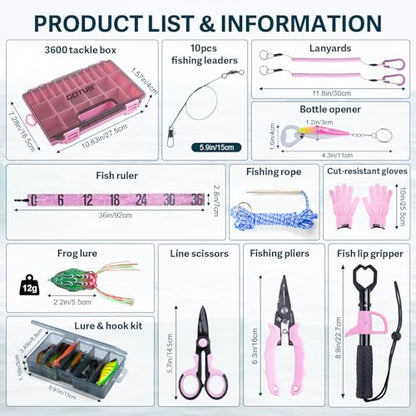 GOTURE Pink Fishing Tackle Box Set, Fishing Kit，12-in-1 Tackle Box Set with Stainless Steel Tools，Lures, Fishing Gift for Women & Beginners (Gift Ready) - color: Gift Boxed, size: Pink Tools Set + Lure Kit + CR-Gloves