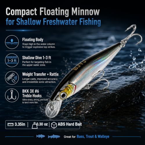 Floating Minnow Fishing Lure, 3.35in 0.30oz ABS Hard Bait with BKK 3X Size 6 Treble Hooks, Weight Transfer Rattle, 1-3ft Shallow Diving Lure for Bass Trout Walleye, Boxed - color: B1-1PCS/0.3OZ-3.35"