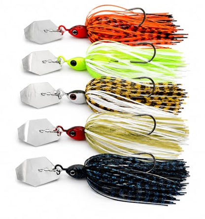 Bladed Jig Fishing Lures, Irresistible Vibrating Action, Sticky-Sharp Heavy-Wire Needle Point Hooks, 5Pcs 1/2 oz Multi-Color Kits with Storage Bag