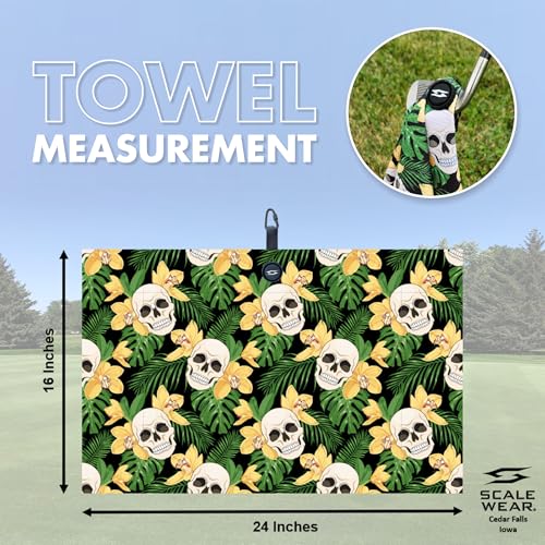 Magnetic Microfiber Waffle Golf Towel – Large 16"x24" Clean Golf Club Ball Magnet Clip to Hang on Bag Cart Strong Premium Strength Ultra Absorbent Gear Tropical Men (Hawaiian Skulls) - color: Hawaian Skulls