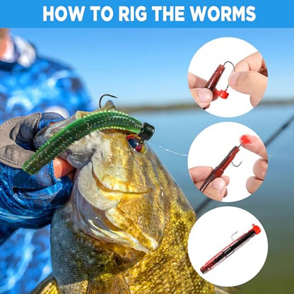 PLUSINNO Wacky Worm Fishing Lure Kit, Soft Plastic Fishing Lures, Grub Baits Hook Wacky Rig Bass Trout Fishing Worms Lures w/Tackle Box - color: 44PCS Stick Worms Ned Rig Kit