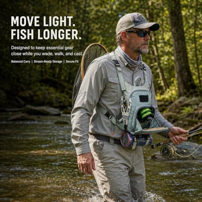 Qiullen Fly Fishing Chest Pack,Waterproof Tackle Bag with Zip-Down Workstation,Fly Box Storage,Net Holder,Adjustable Straps for Wading and Stream Fishing