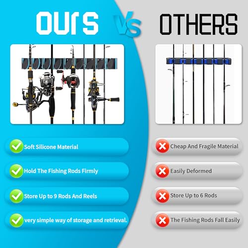 Fishing Rod Holder, Wall Mounted Fishing Pole Holder, Holds Up to 9 Rods and Combos, Fishing Rod Holders for Garage, Fits Most Rods of Diameter 3-19mm