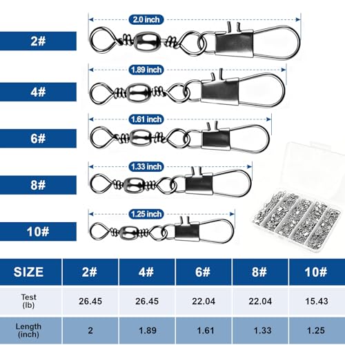 200PCS Ball Bearing Barrel Snap Swivels, Heavy Duty Fishing Swivels with Safety Snap, Anti-Tangle Fishing Tackle Connectors for Freshwater Saltwater Lures Hooks