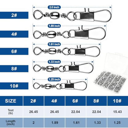 200PCS Ball Bearing Barrel Snap Swivels, Heavy Duty Fishing Swivels with Safety Snap, Anti-Tangle Fishing Tackle Connectors for Freshwater Saltwater Lures Hooks