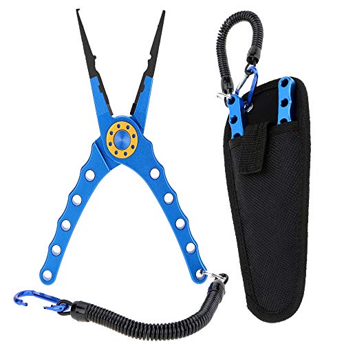 Lixada Fishing Pliers Saltwater Aviation Aluminum with Sheath and Lanyard - Braid Cutters Split Ring Pliers Hook Remover Line Cutting Stainless Steel Jaw Fish Holder, Durable & Lightweight - color: Blue
