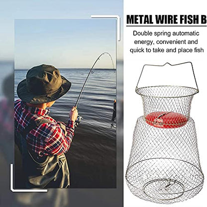 Galvanized Steel Wire Fish Basket Collapsible Floating Fishing Net Cage Metal Mesh Fish Crab Trap Round Fishes Basket Fishing Keep Net Fishing Accessories Tool
