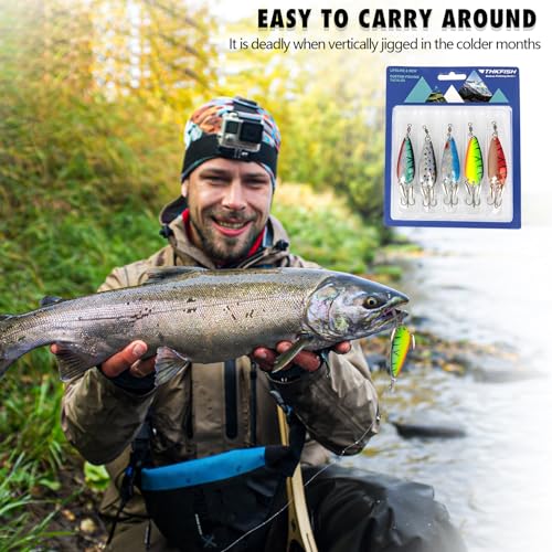THKFISH 5pcs Saltwater Fishing Lures, Fishing Spoons with Durable Treble Hooks, Jigs Lure for Tuna Salmon Grouper, Sea Fish Jigging Lure, Trolling Spoon for Bass Fish with Tackle Box - color: C-1/2oz-5pcs