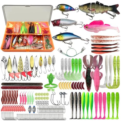 Fishing Lures - Fishing Kit Included 193Pcs Fishing Accessories and Tackle Box, Frogs, Minnows, Soft Baits, Hooks & Weights Accessories Gear Gift for Men Freshwater Bass Trout