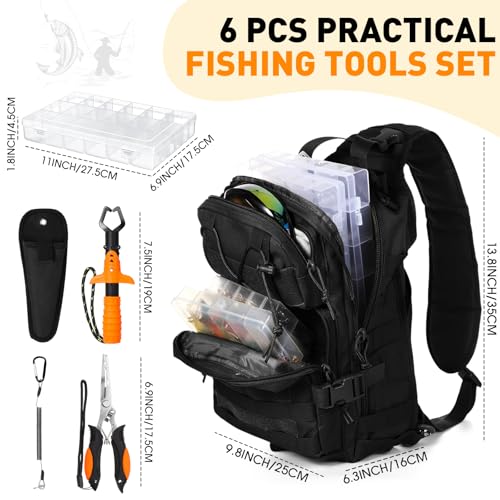 Eccliy 6 Pcs Fishing Tackle Bag Backpack with Rod Holders, Tackle Box, Fishing Pliers Kit and Fish Lip Gripper, Fish Gear and Equipment Fisherman Gift for Men Women - color: Black