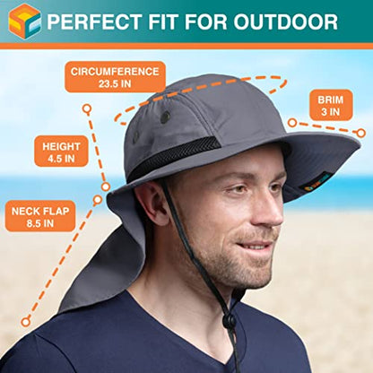 SUN CUBE UPF50+ Sun Hat for Men Women with Neck Flap, Wide Brim UV Protection Fishing Safari Hat for Hiking Beach Gardening - color: Gray