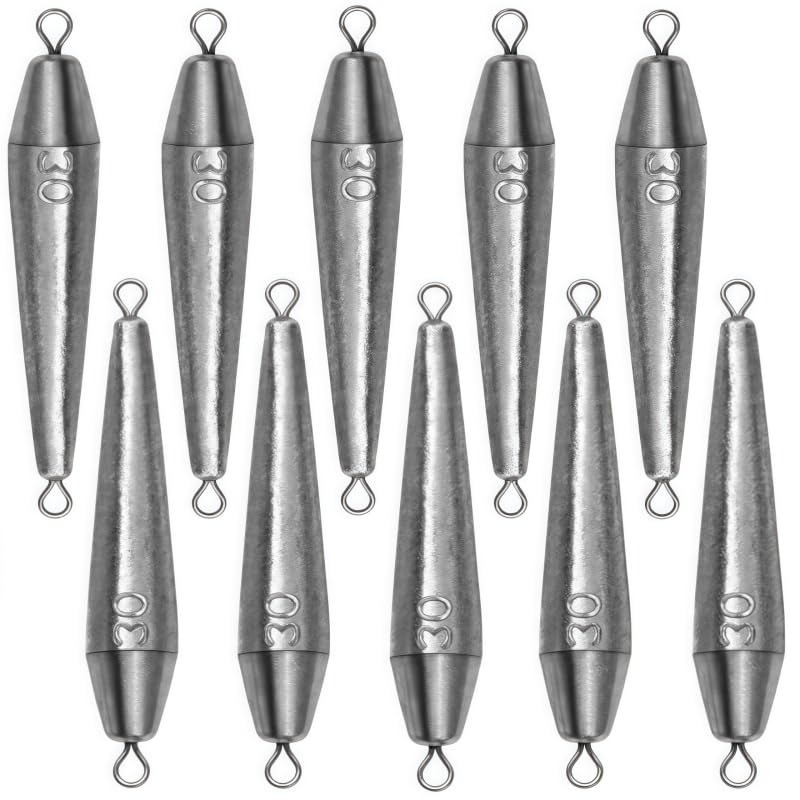 10PCS Fishing Weights, Inline Trolling Bullet Sinkers Double Ring Torpedo Fishing Weights Lead Drop Shot Fishing Weight Sinkers - 20g-50g - size: 1 oz - 10 Pack