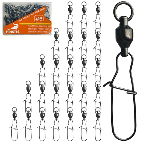 Pristis 25 Pack High Strength Fishing Snap & Swivels, Ball Bearing with Coastlock Snap, Saltwater Corrosion Resistant Connector, Fresh Water Heavy Duty Black Nickel Finish Tackle Kit for Bass Perch - size: #6