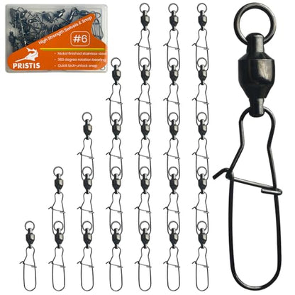 Pristis 25 Pack High Strength Fishing Snap & Swivels, Ball Bearing with Coastlock Snap, Saltwater Corrosion Resistant Connector, Fresh Water Heavy Duty Black Nickel Finish Tackle Kit for Bass Perch - size: #6