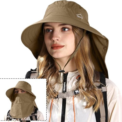Rosoz Sun Hat for Men Women with Neck Flap,Wide Brim UPF50+ Fishing Hat with Detachable Face Cover Outdoor Sun Protection Hat - color: 1pack-brown