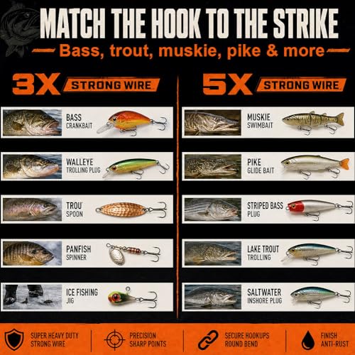 XFISHMAN Saltwater Treble Hooks for Lures 3X 5X Heavy Duty Size #18-5/0 - color: 3X Strong, size: 1/0 12-Pack